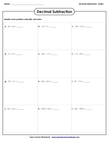 Tenths - Subtract Decimals: Tenths (Printable PDF Worksheet)