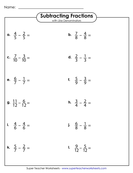 Subtracting Fractions: Same Denominator - Subtract Fractions with Like Denominators (Horizontal) (Printable PDF Worksheet)