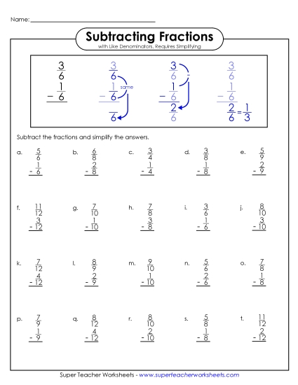 Subtracting Fractions: Same Denominator - Subtracting Fractions 2 (Printable PDF Worksheet)