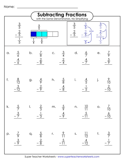 Subtracting Fractions: Same Denominator - Subtracting Fractions (Printable PDF Worksheet)