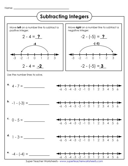 Subtracting Integers - Subtracting Integers - Number Lines 1 (Printable PDF Worksheet)