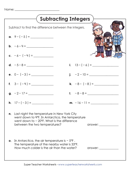 Subtracting Integers - Subtracting Integers (Printable PDF Worksheet)
