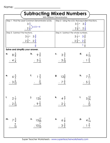 Adding and Subtracting Mixed Numbers - Subtracting Mixed Numbers 2 (Unlike Denominators) (Printable PDF Worksheet)