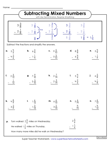 Adding and Subtracting Mixed Numbers - Subtracting Mixed Numbers (Same Denominator) (Printable PDF Worksheet)