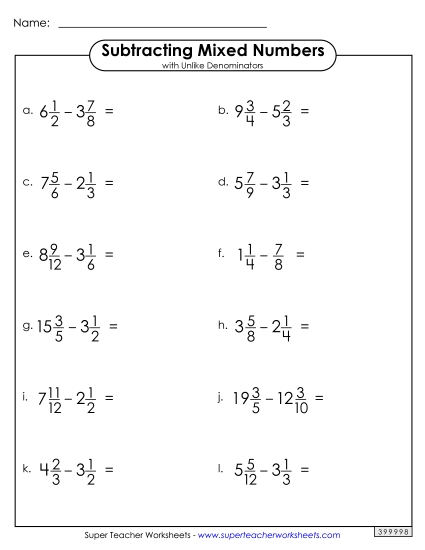 Subtracting Mixed Numbers: Different Denominators - Subtracting Mixed Numbers with Unlike Denominators (Horizontal) (Printable PDF Worksheet)
