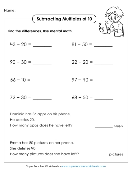 Subtracting Multiples of 10 - Subtracting Multiples of 10 (Horizontal w/ Word Problems) (Printable PDF Worksheet)