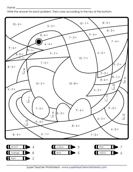 Subtraction - Subtraction: Bird (Printable PDF Worksheet)