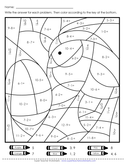 Easter Subtraction - Subtraction: Chick and Egg Mystery Picture (Basic Facts 0-10) (Printable PDF Worksheet)
