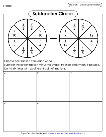 Subtracting Fractions: Different Denominators - Subtraction Circles (Fractions w/ Unlike Denominators) (Printable PDF Worksheet)