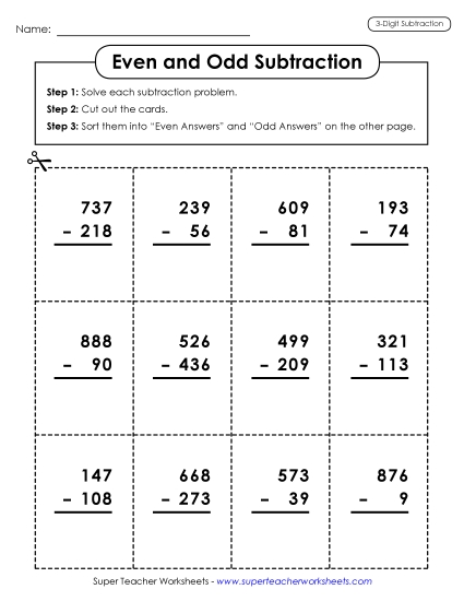 3-Digit Subtraction Worksheets - Subtraction: Even/Odd Sort (Printable PDF Worksheet)