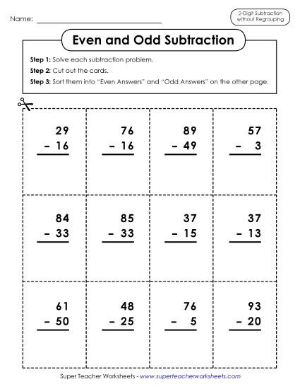 Subtraction Worksheets (No Borrowing) - Subtraction: Even/Odd Sort (Printable PDF Worksheet)