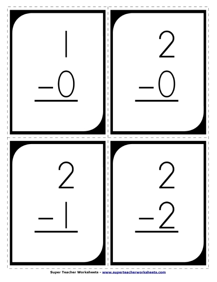 Flashcards - Subtraction Flash Cards (Large) Minuends to 20; Answers to 10 (Printable PDF Worksheet)