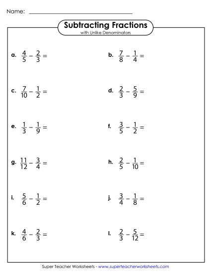 Subtracting Fractions: Different Denominators - Subtraction Fractions w/ Unlike Denominators (Horizontal) (Printable PDF Worksheet)