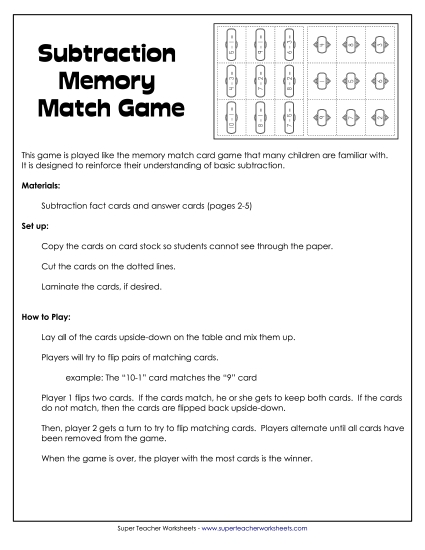 Basic Subtraction Games - Subtraction Matching Game (Basic Facts Within 10) (Printable PDF Worksheet)