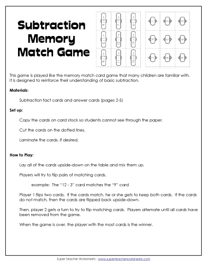 Games & Activities - Subtraction Matching Game (Basic Facts Within 20) (Printable PDF Worksheet)