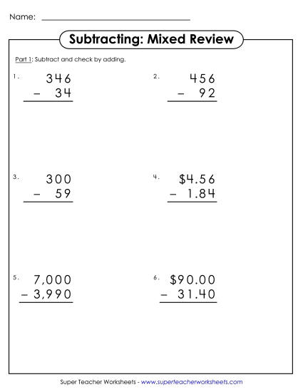 4-Digit Subtraction Worksheets - Subtraction Mixed Review (Printable PDF Worksheet)