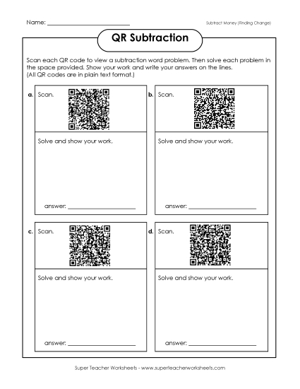 Subtraction - Subtraction (Money) (Printable PDF Worksheet)