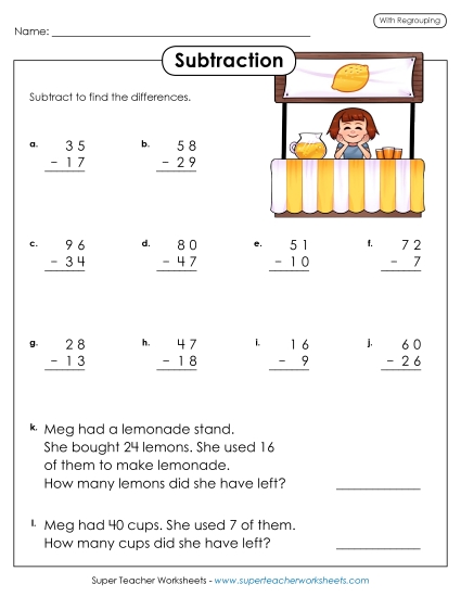 2-Digit Subtraction Worksheets - Subtraction Practice (2-Digits /  Regrouping) (Printable PDF Worksheet)