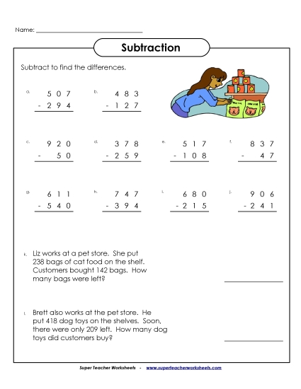 3-Digit Subtraction Worksheets - Subtraction Practice (3-Digits/ Regrouping) (Printable PDF Worksheet)
