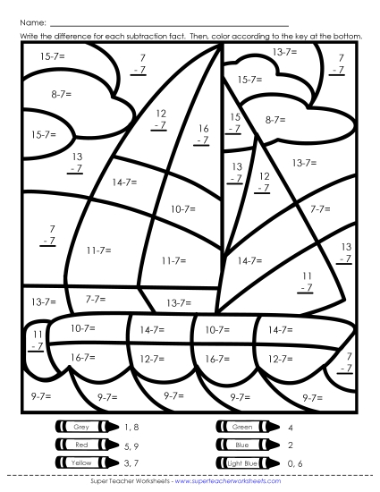 Subtraction - Subtraction: Sailboat (7s Only) (Printable PDF Worksheet)