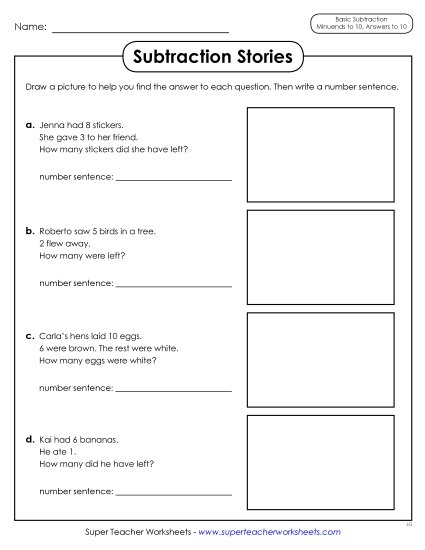Concept Worksheets - Subtraction Stories (Printable PDF Worksheet)