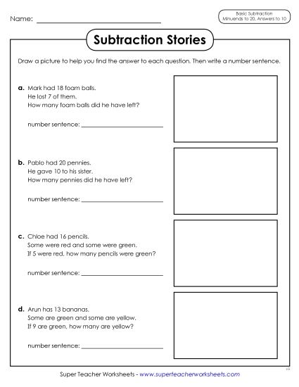 Concept Worksheets - Subtraction Stories (Printable PDF Worksheet)