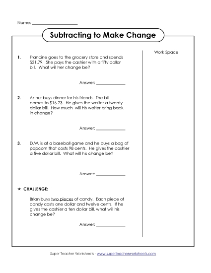 Level: Advanced $1.00 and Up - Subtraction Word Problems: Making Change (Advanced) (Printable PDF Worksheet)