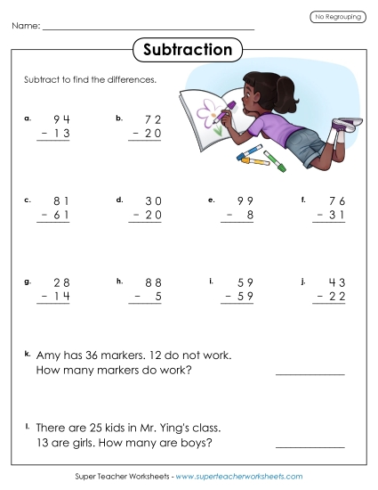 Subtraction Worksheets (No Borrowing) - Subtraction Worksheet (2-Digits /  No Regrouping) (Printable PDF Worksheet)