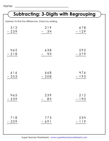 3-Digit Subtraction Worksheets - Subtraction Worksheet (3-digits / Regrouping) (Printable PDF Worksheet)
