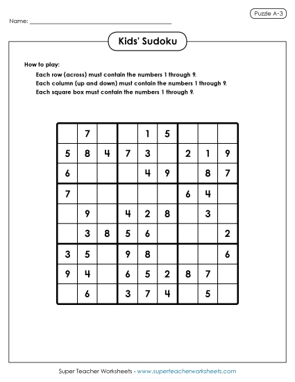 Sudoku for Kids Puzzle A-3 (Printable PDF Worksheet)