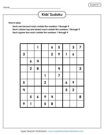 Sudoku for Kids Puzzle B-1 (Printable PDF Worksheet)