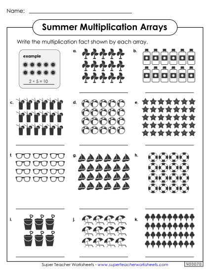 Summer Multiplication - Summer Multiplication Arrays (Printable PDF Worksheet)