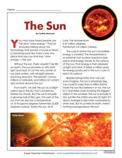 Articles with Questions - Sun Article & Questions (Printable PDF Worksheet)