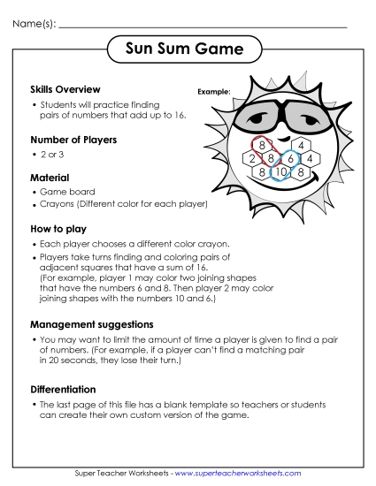 Sum Game - Sunshine Sum Game (Printable PDF Worksheet)