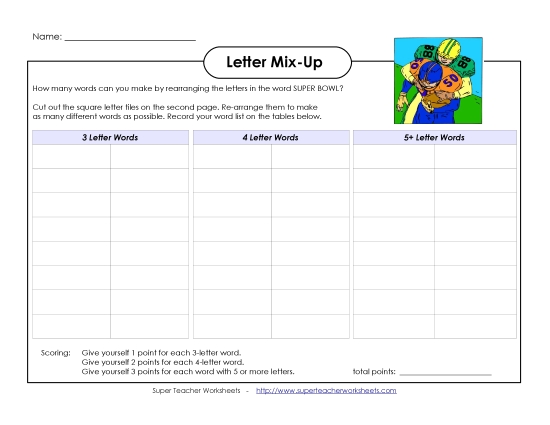 Puzzles & Brain Teasers - Super Bowl Letter Mix-Up (Intermediate) (Printable PDF Worksheet)