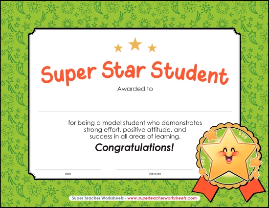 More School Awards - Super Star Student (Printable PDF Worksheet)