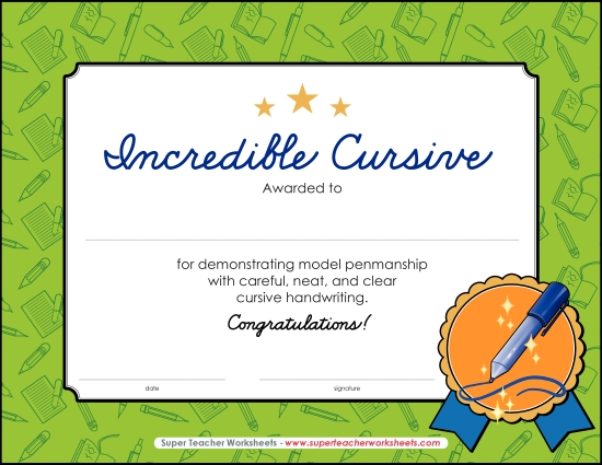 Reading & Writing Awards - Superb Cursive Award (Printable PDF Worksheet)