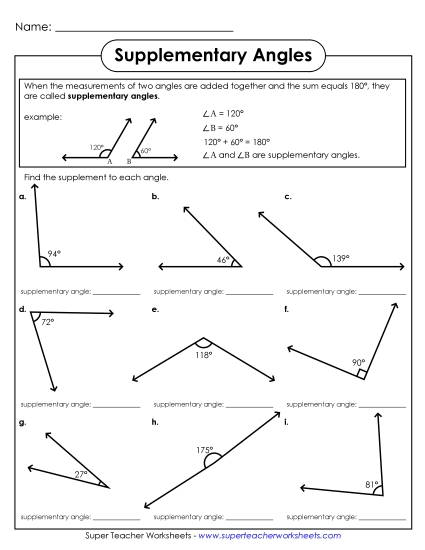 Supplementary Angles - Supplementary Angles (Printable PDF Worksheet)