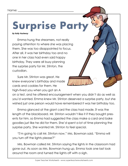 Fiction Stories - Surprise Party (Fiction) (Printable PDF Worksheet)