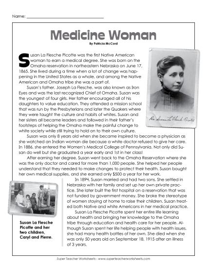 Biography - Susan La Flesche Picotte (Biographical) (Printable PDF Worksheet)