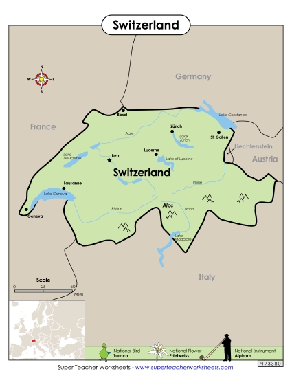 Map - Switzerland Map (Printable PDF Worksheet)