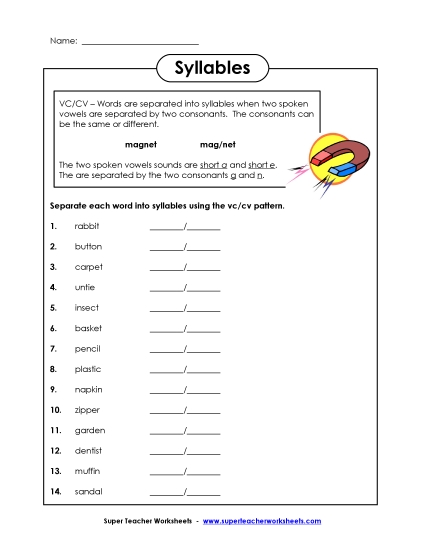 Syllables VC/CV (Printable PDF Worksheet)