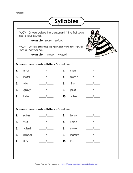 Syllables VCV (Printable PDF Worksheet)