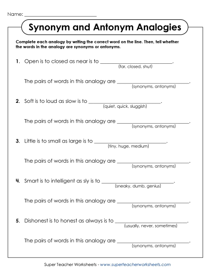 Synonym and Antonym Analogies (Printable PDF Worksheet)