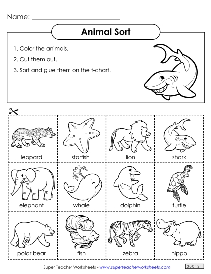 Worksheets & Activities - T-Chart Sort: Ocean & Zoo Animals (Printable PDF Worksheet)