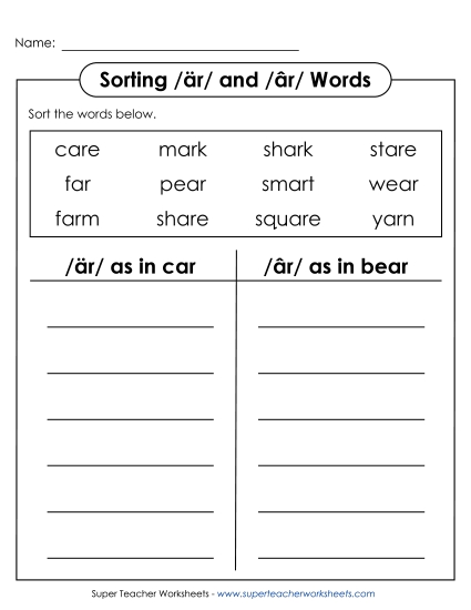 Worksheets - T-chart Sorting: /är/ as in car & /âr/ as in bear (Printable PDF Worksheet)