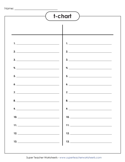 T-Charts - T-chart with numbered lines (Printable PDF Worksheet)