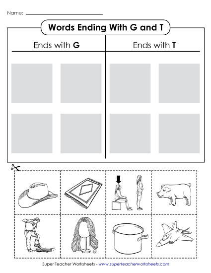 T-Chart: Words Ending with G and T (Printable PDF Worksheet)