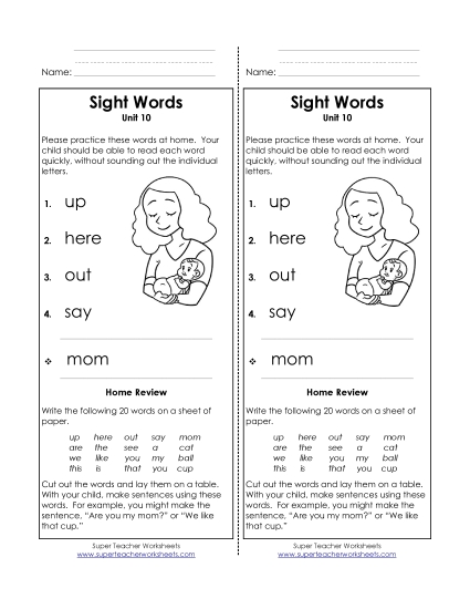 Word List - Take-Home List (Unit 10)  (Printable PDF Worksheet)