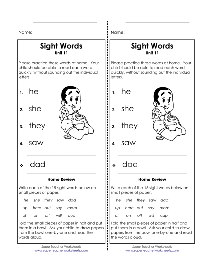 Word List - Take-Home List (Unit 11)  (Printable PDF Worksheet)